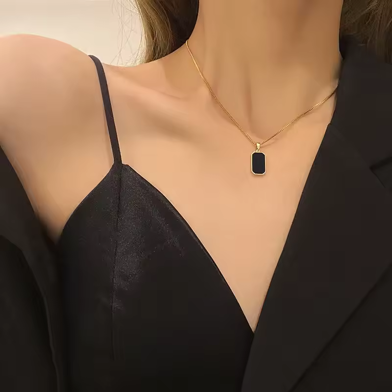 Gold Geometric Square Necklace with Pendant