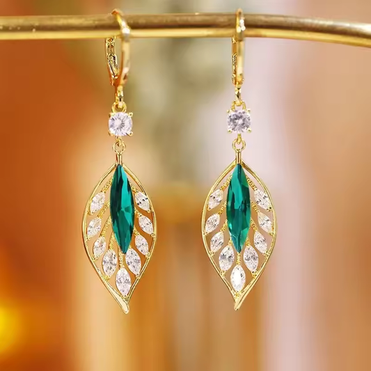 Green Crystal Golden Leaves Earrings